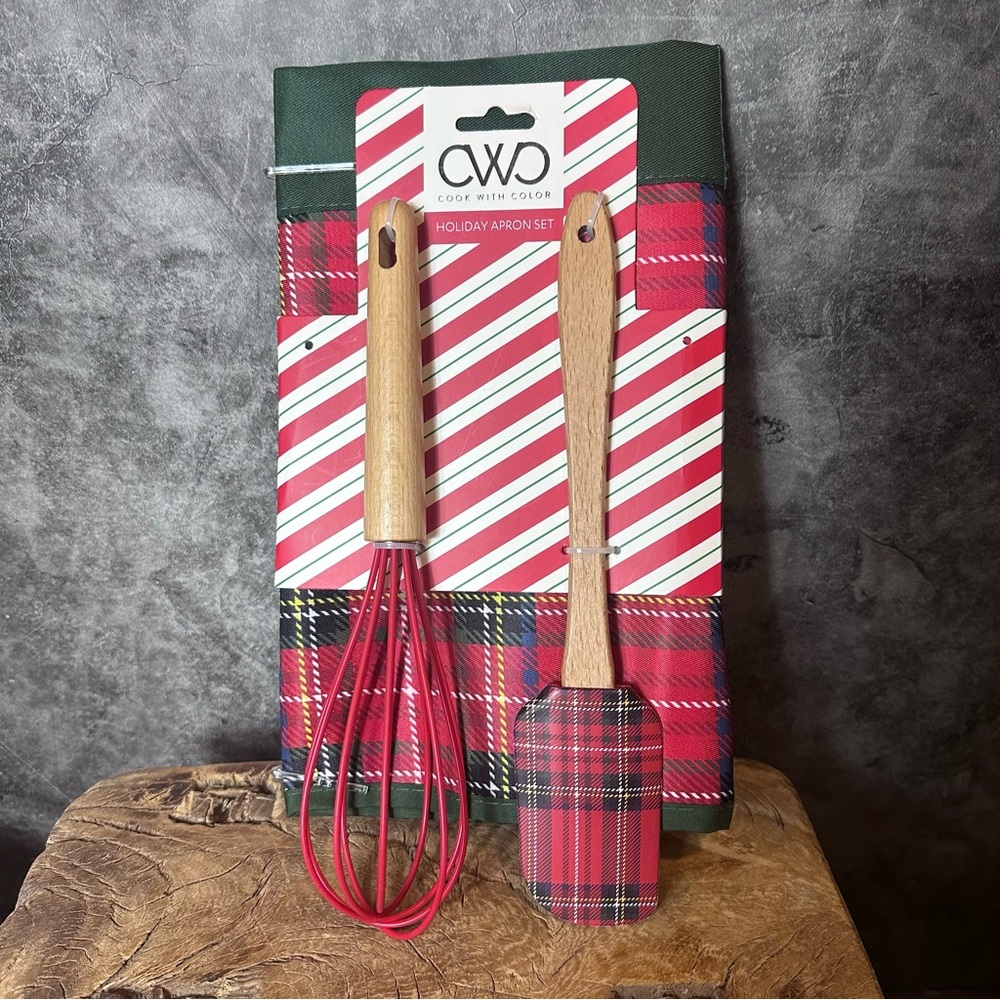 CWC Cook With Color Happy Holidays 3pc Baking Set Plaid Apron Spatula Whisk